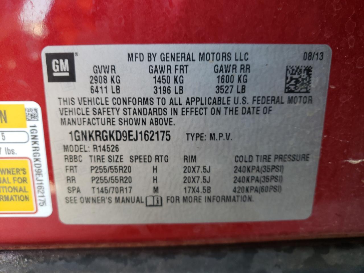 Photo 10 from auction – 2014 CHEVROLET TRAVERSE L with VIN 1GNKRGKD9EJ162175