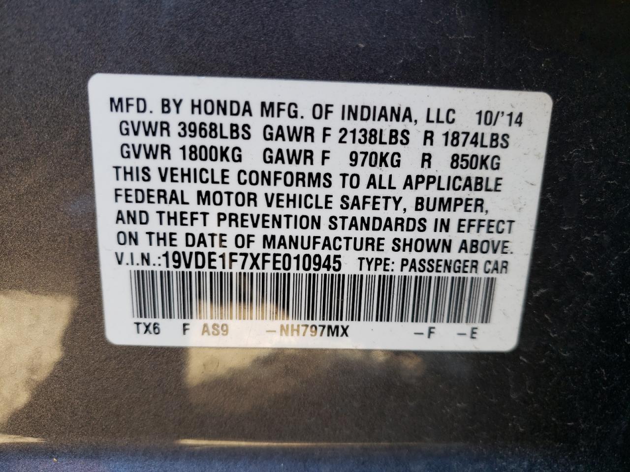Photo 10 from auction – 2015 ACURA ILX 20 TEC with VIN 19VDE1F7XFE010945