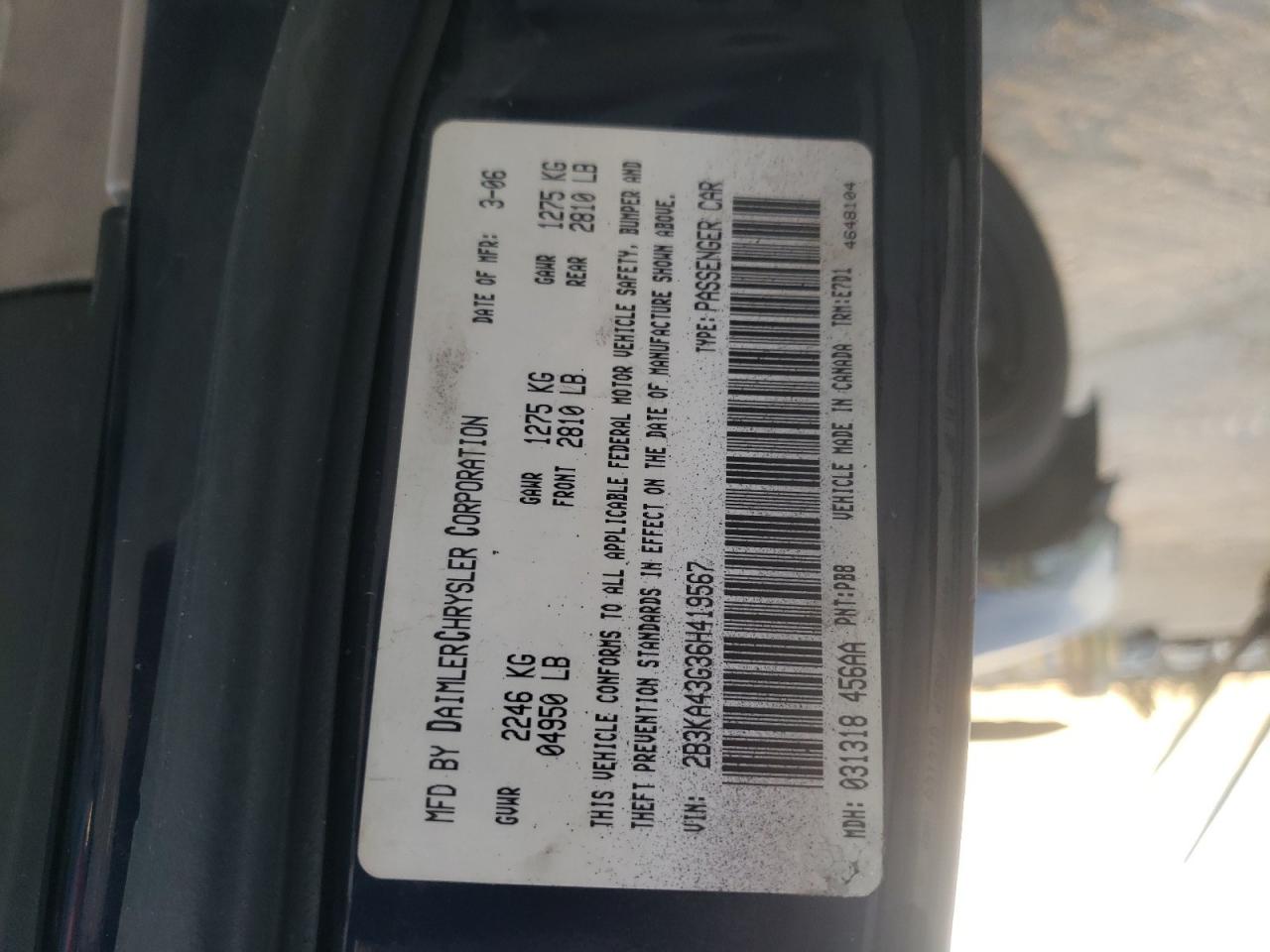 Photo 10 from auction – 2006 DODGE CHARGER SE with VIN 2B3KA43G36H419567