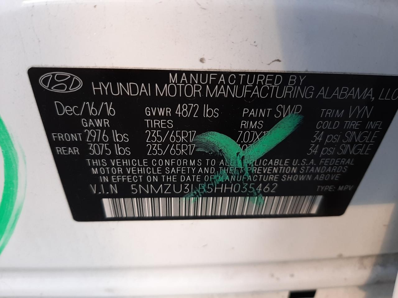 Photo 10 from auction – 2017 HYUNDAI SANTA FE S with VIN 5NMZU3LB5HH035462