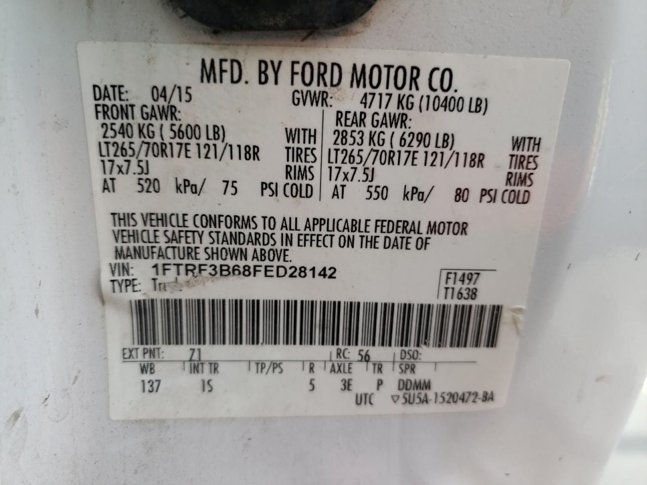Photo 10 from auction – 2015 FORD F350 SUPER with VIN 1FTRF3B68FED28142