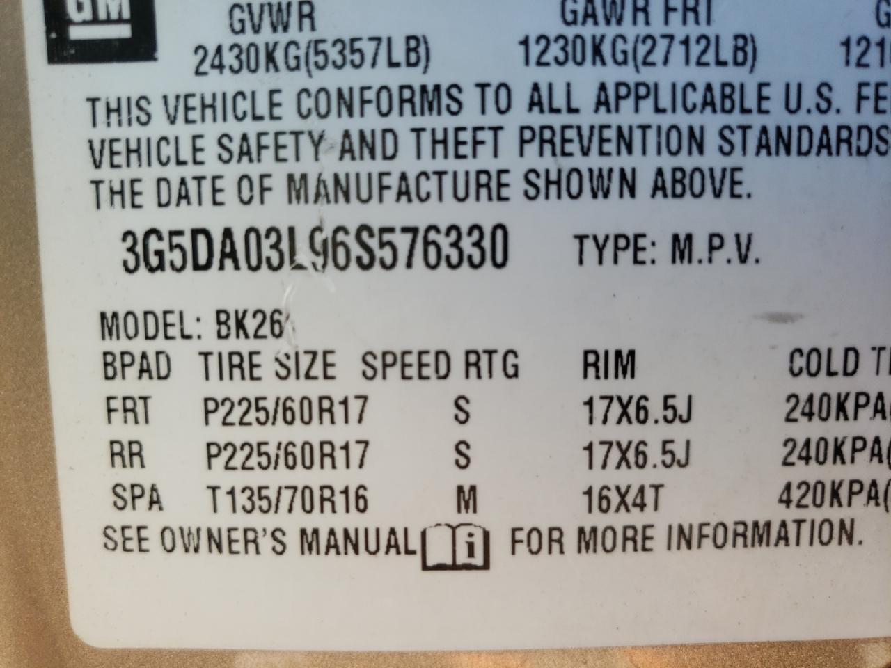 Photo 10 from auction – 2006 BUICK RENDEZVOUS with VIN 3G5DA03L96S576330