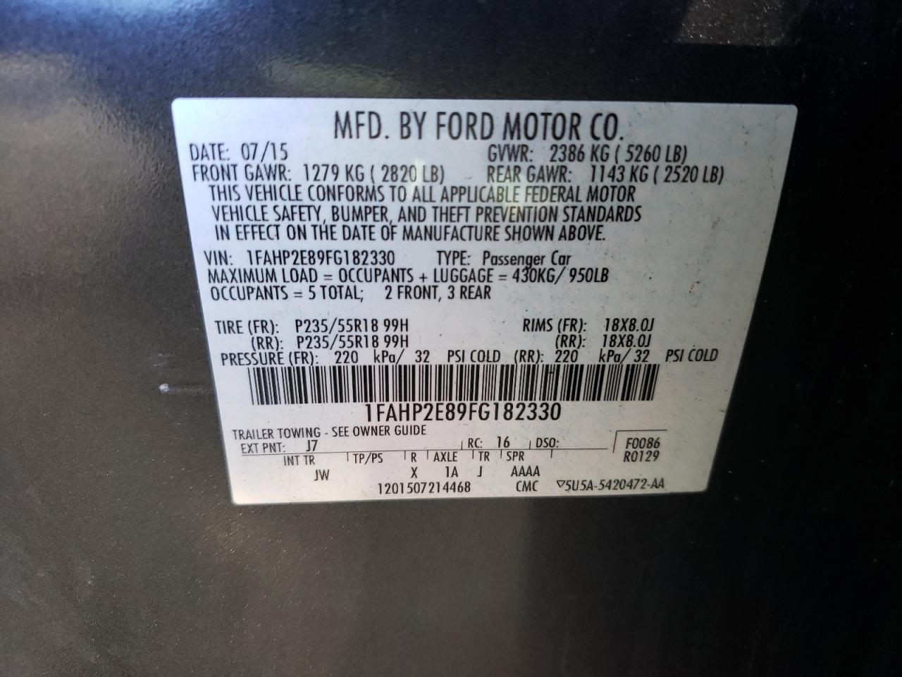Photo 10 from auction – 2015 FORD TAURUS SEL with VIN 1FAHP2E89FG182330
