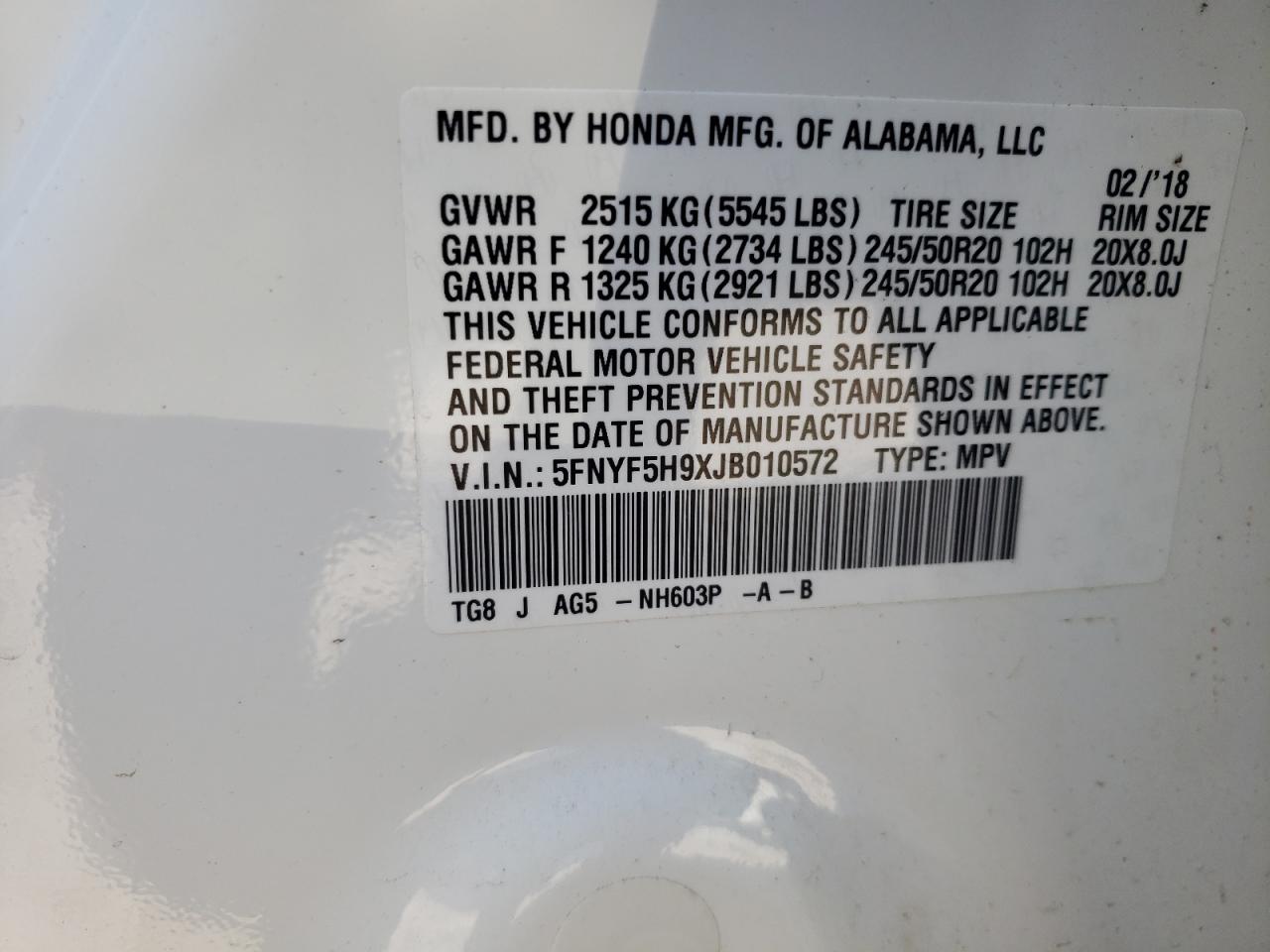 Photo 10 from auction – 2018 HONDA PILOT TOUR with VIN 5FNYF5H9XJB010572