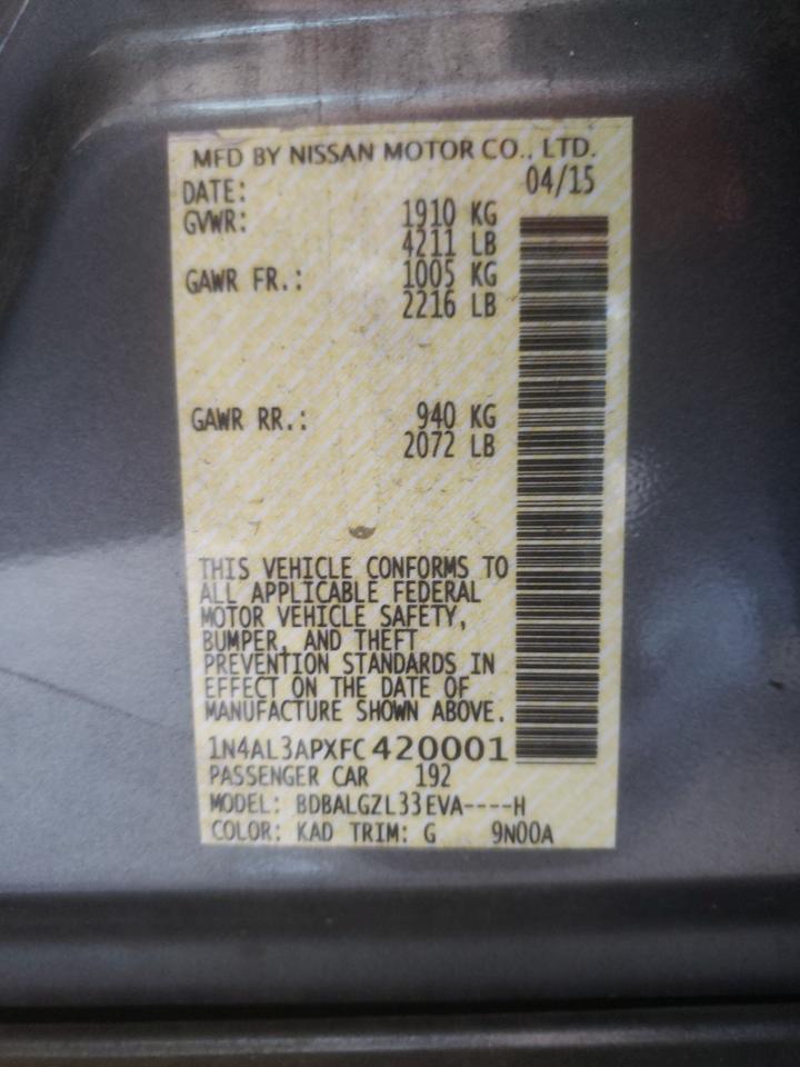 Photo 10 from auction – 2015 NISSAN ALTIMA 2.5 with VIN 1N4AL3APXFC420001