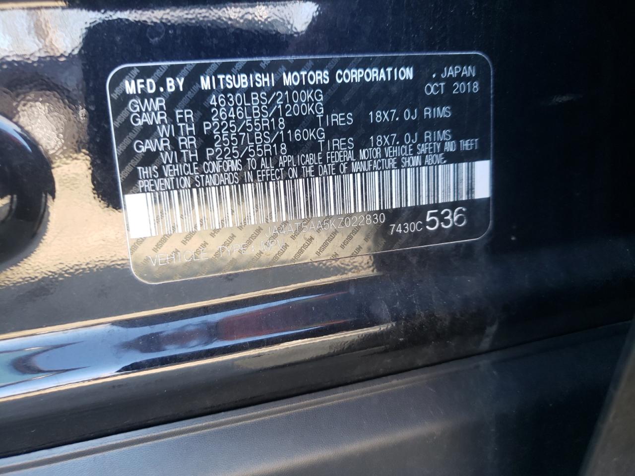 Photo 10 from auction – 2019 MITSUBISHI ECLIPSE CR with VIN JA4AT5AA5KZ022830