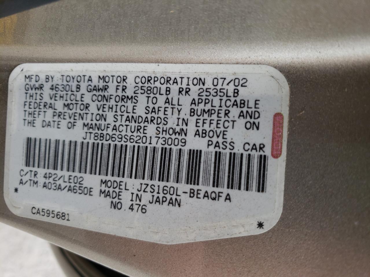 Photo 10 from auction – 2002 LEXUS GS 300 with VIN JT8BD69S620173009