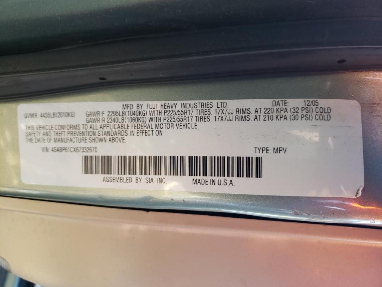 Photo 10 from auction – 2006 SUBARU LEGACY OUT with VIN 4S4BP61CX67332670