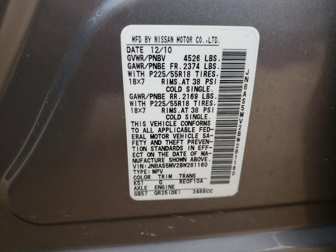 Photo 10 from auction – 2011 NISSAN ROGUE S with VIN JN8AS5MV2BW281160
