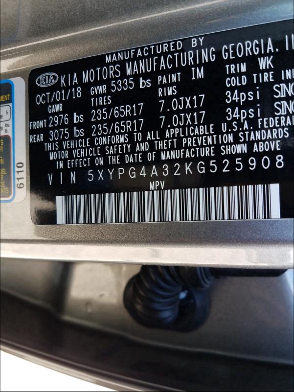 Photo 10 from auction – 2019 KIA SORENTO L with VIN 5XYPG4A32KG525908