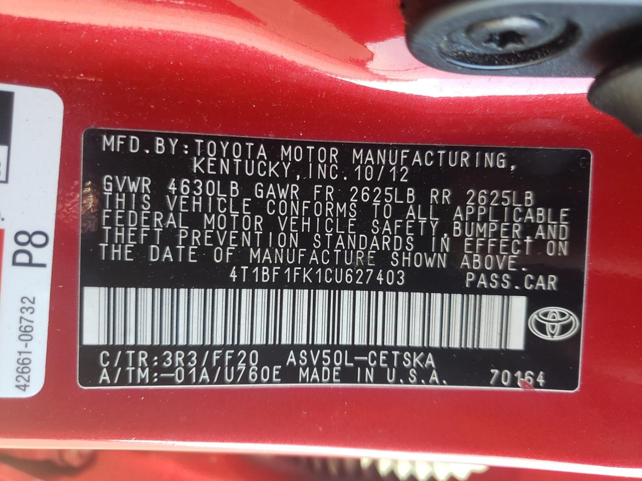 Photo 11 from auction – 2012 TOYOTA CAMRY with VIN 4T1BF1FK1CU627403