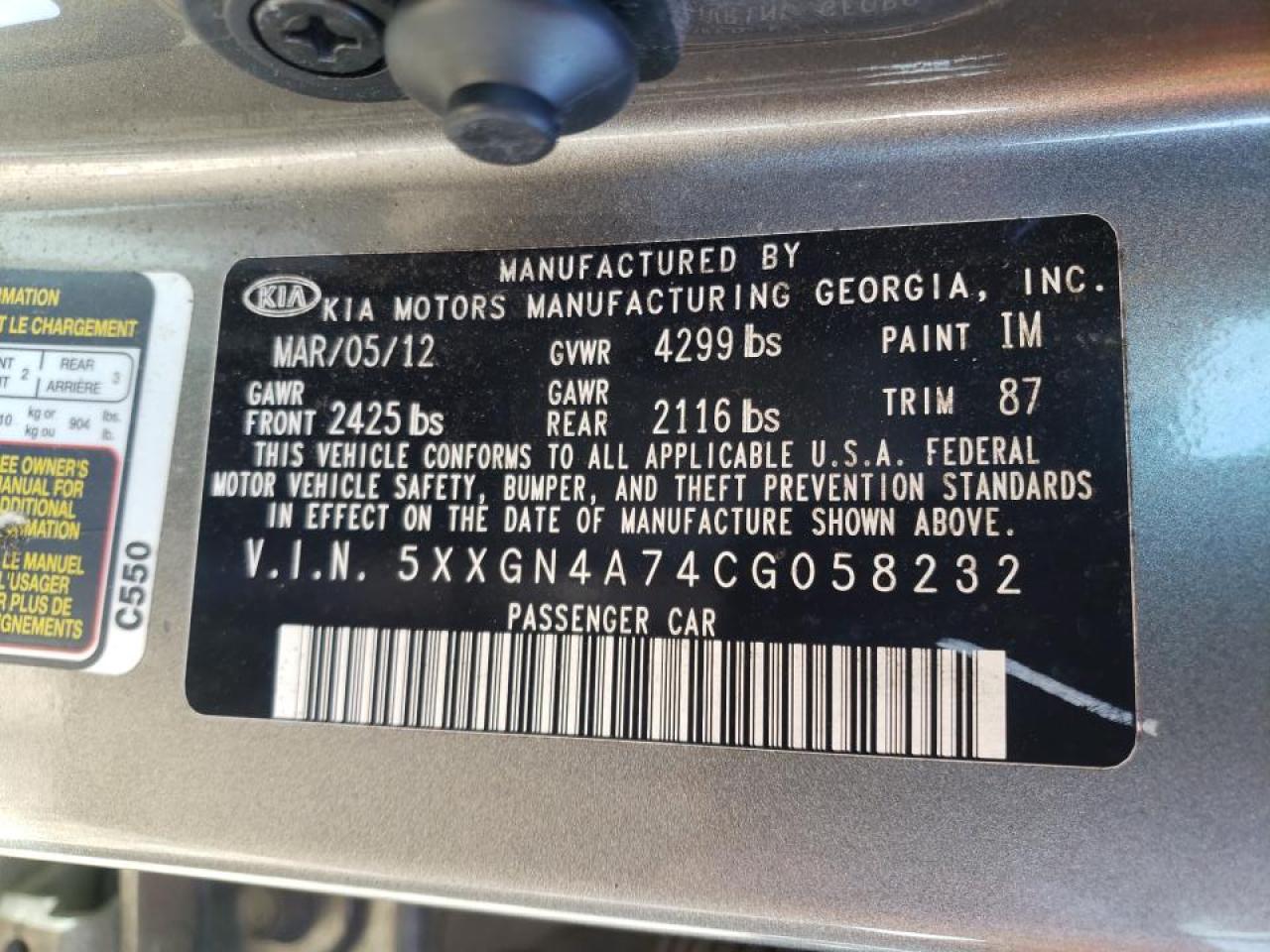 Photo 10 from auction – 2012 KIA OPTIMA EX with VIN 5XXGN4A74CG058232