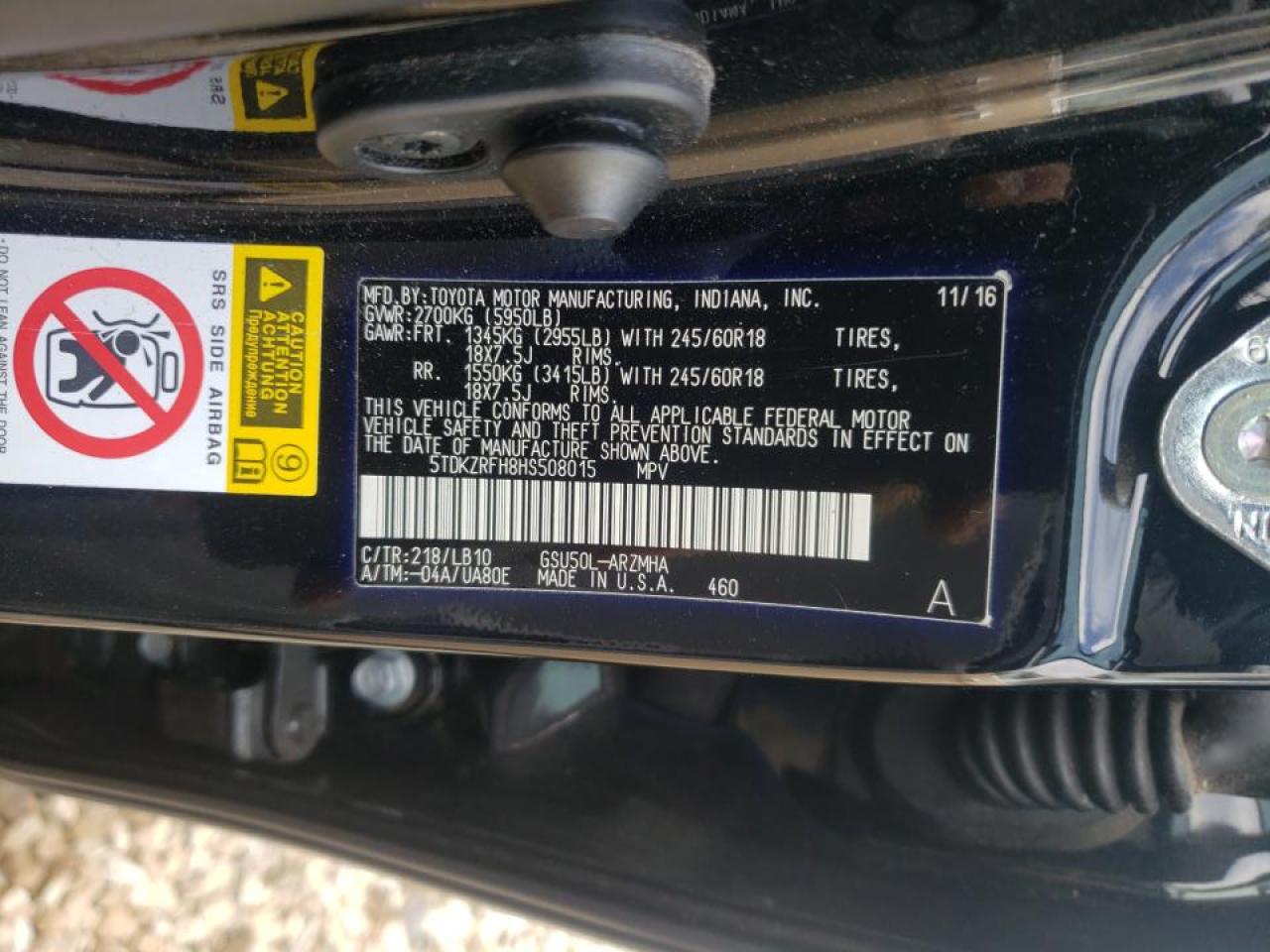 Photo 10 from auction – 2017 TOYOTA HIGHLANDER with VIN 5TDKZRFH8HS508015