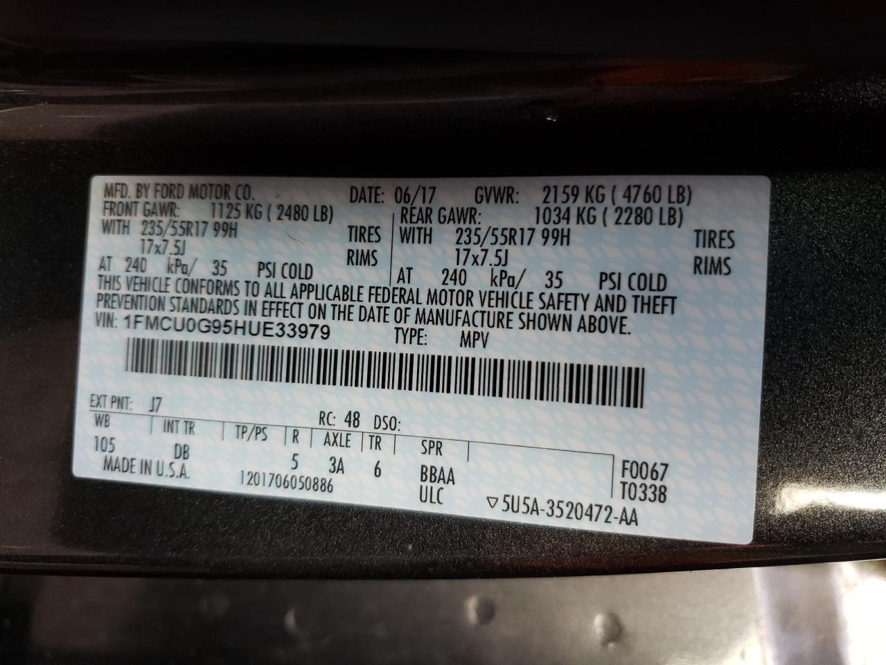 Photo 10 from auction – 2017 FORD ESCAPE SE with VIN 1FMCU0G95HUE33979