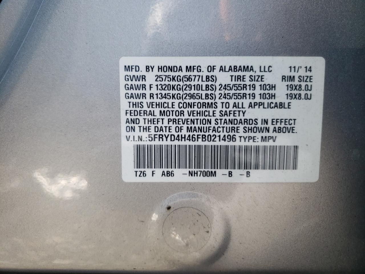 Photo 10 from auction – 2015 ACURA MDX TECHNO with VIN 5FRYD4H46FB021496