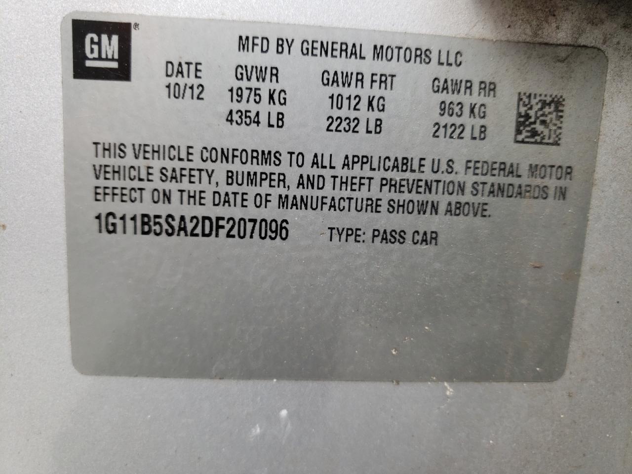 Photo 10 from auction – 2013 CHEVROLET MALIBU LS with VIN 1G11B5SA2DF207096