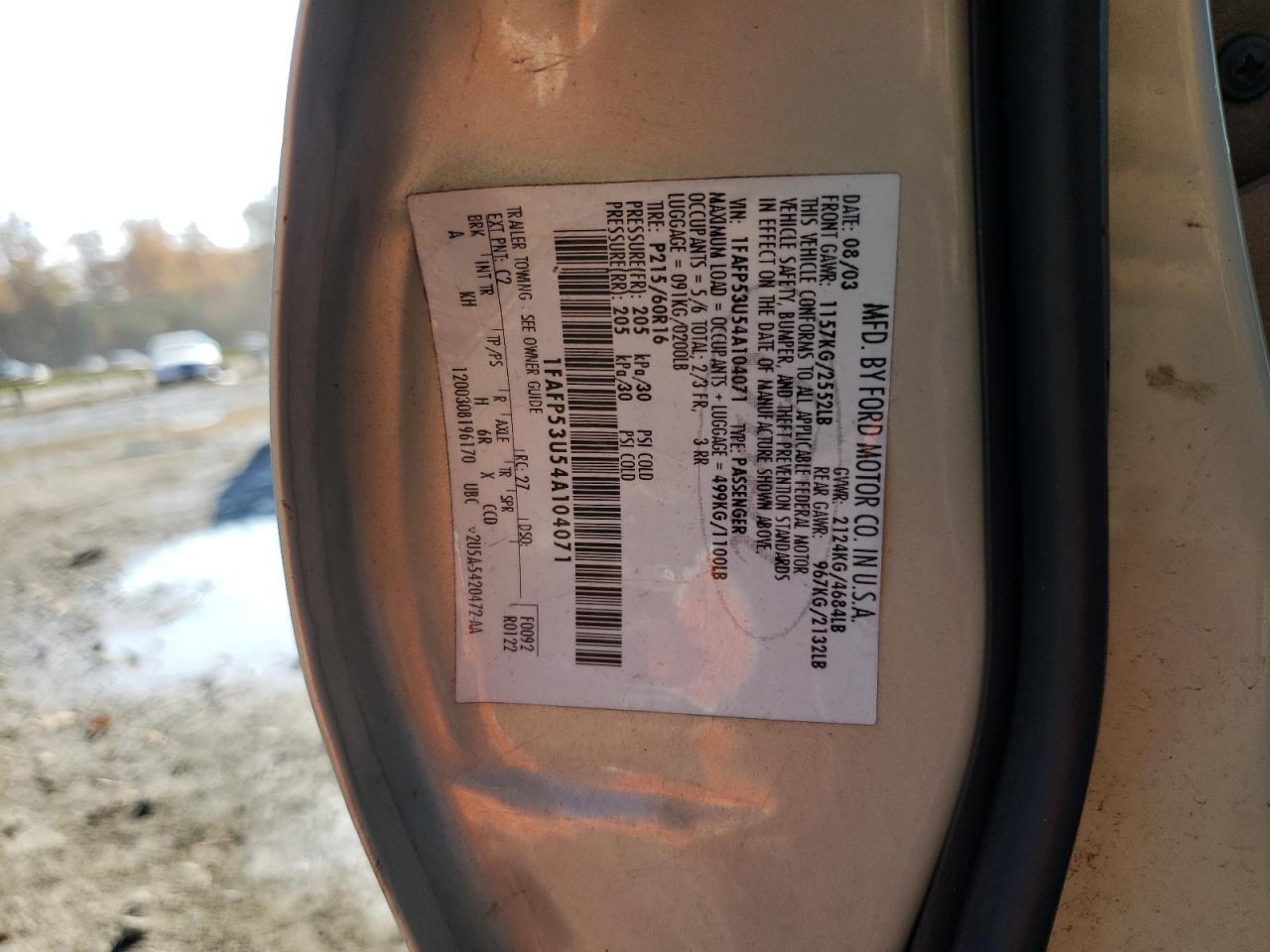 Photo 10 from auction – 2004 FORD TAURUS SE with VIN 1FAFP53U54A104071