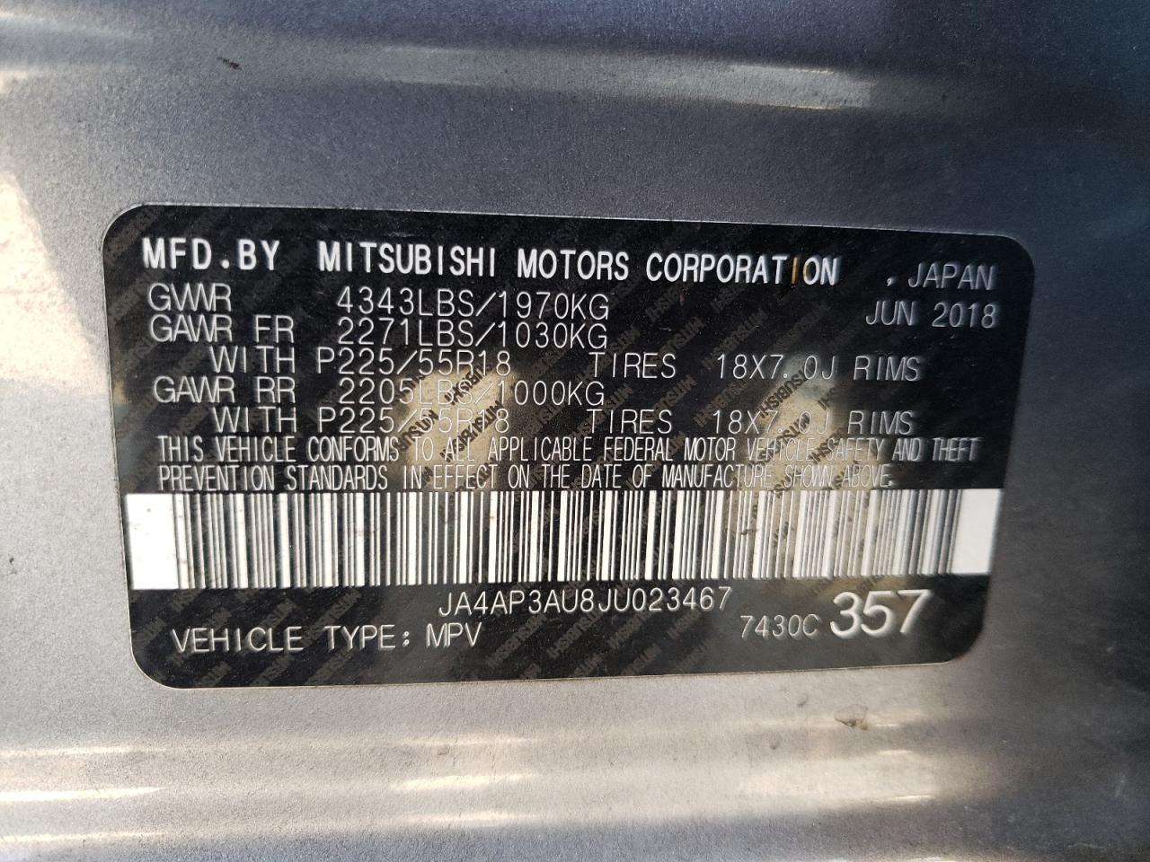 Photo 10 from auction – 2018 MITSUBISHI OUTLANDER with VIN JA4AP3AU8JU023467
