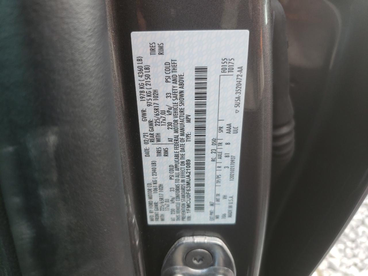 Photo 10 from auction – 2021 FORD ESCAPE S with VIN 1FMCU0F63MUA21089
