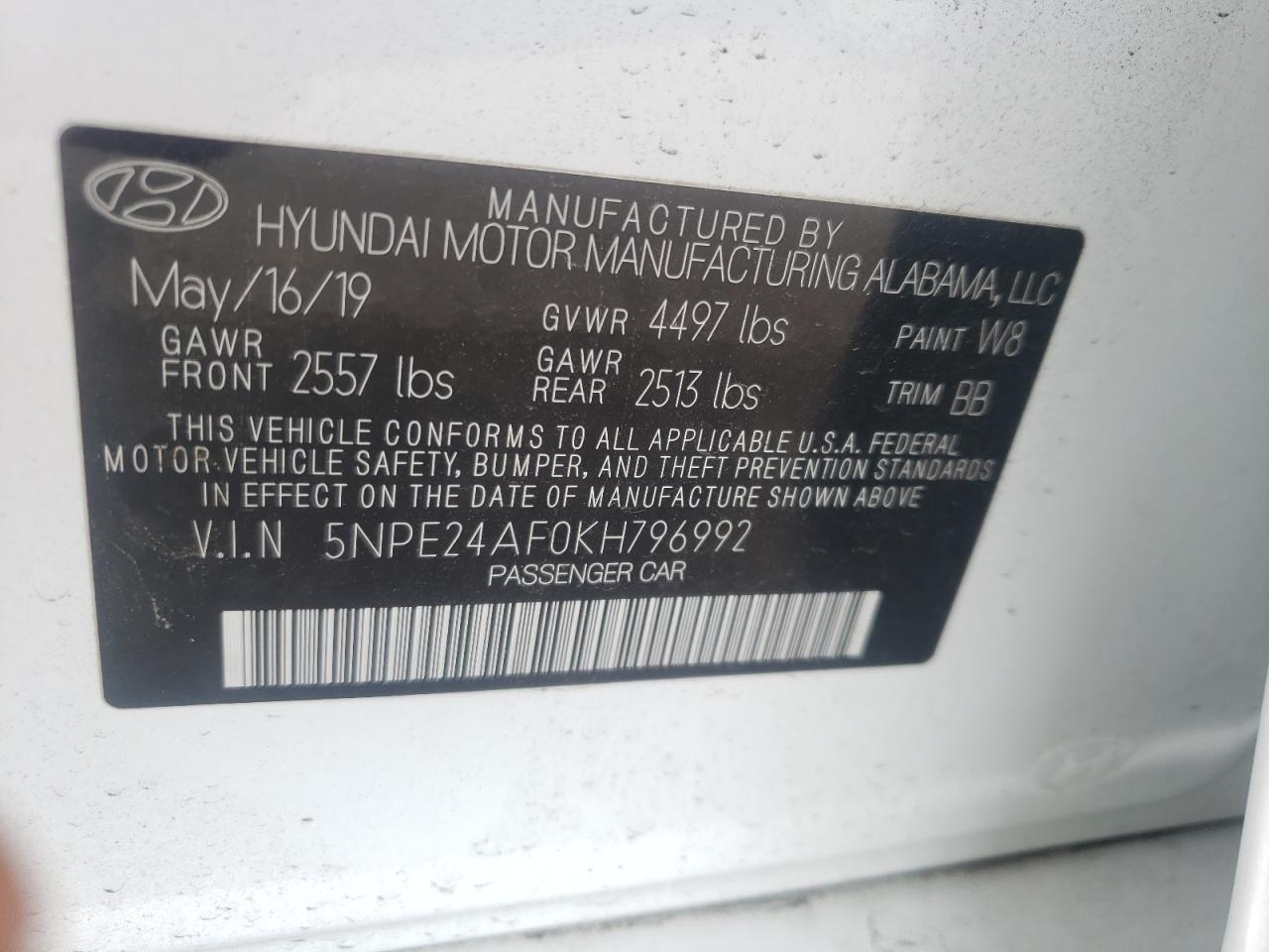 Photo 10 from auction – 2019 HYUNDAI SONATA SE with VIN 5NPE24AF0KH796992