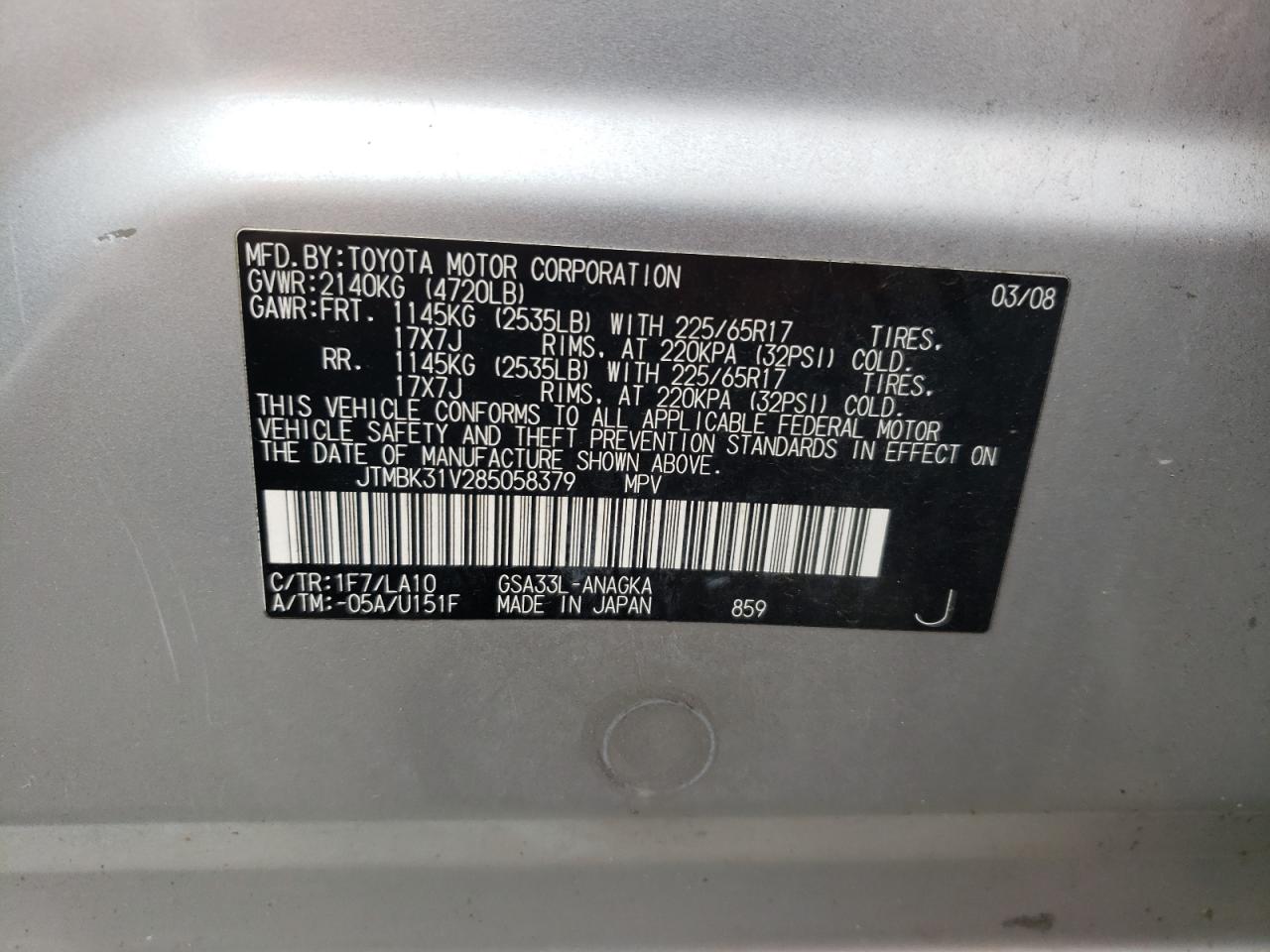 Photo 10 from auction – 2008 TOYOTA RAV4 LIMIT with VIN JTMBK31V285058379