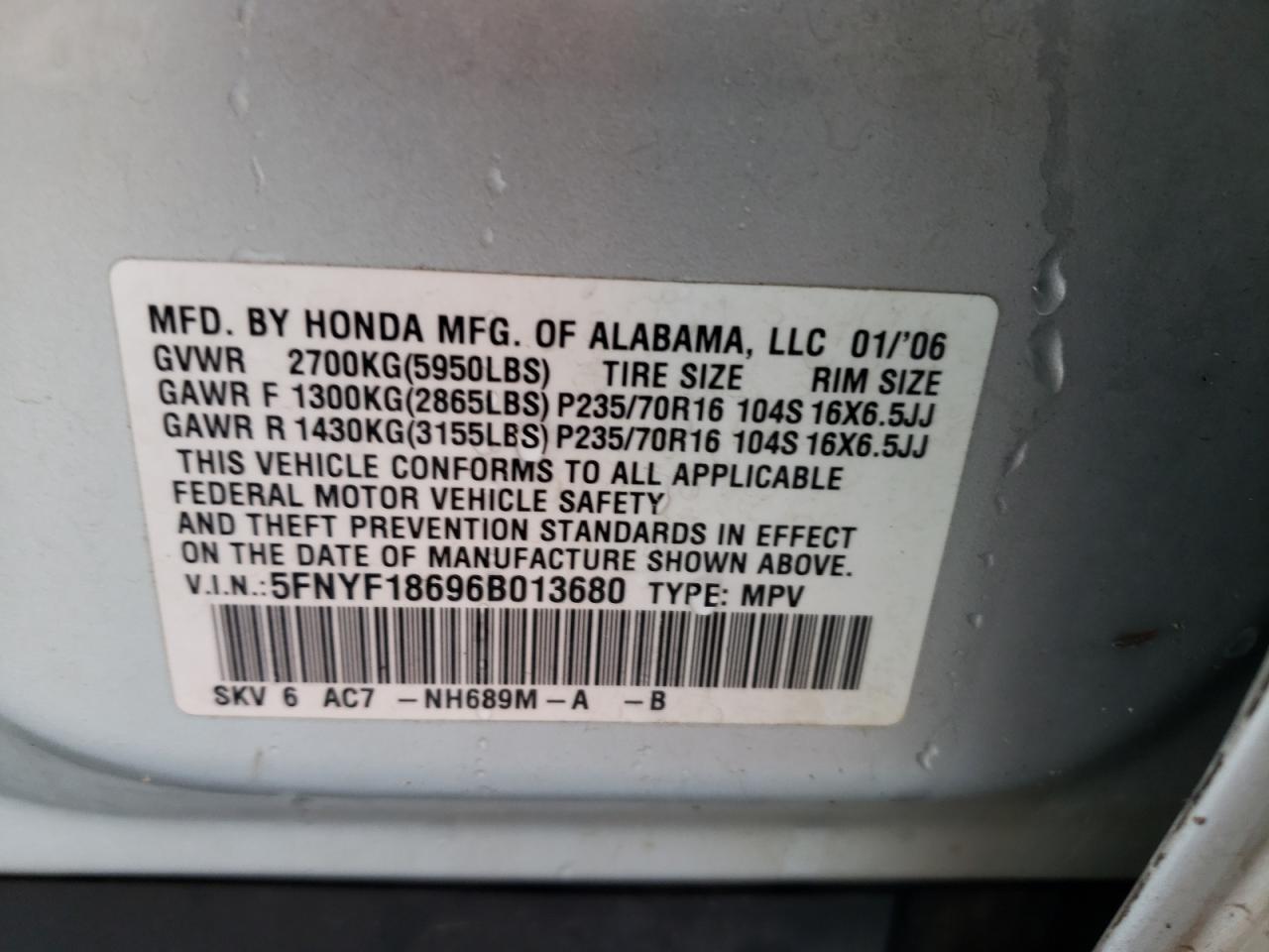 Photo 10 from auction – 2006 HONDA PILOT EX with VIN 5FNYF18696B013680