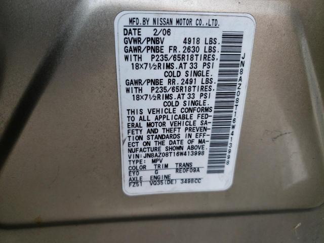 Photo 10 from auction – 2006 NISSAN MURANO SL with VIN JN8AZ08T16W413998