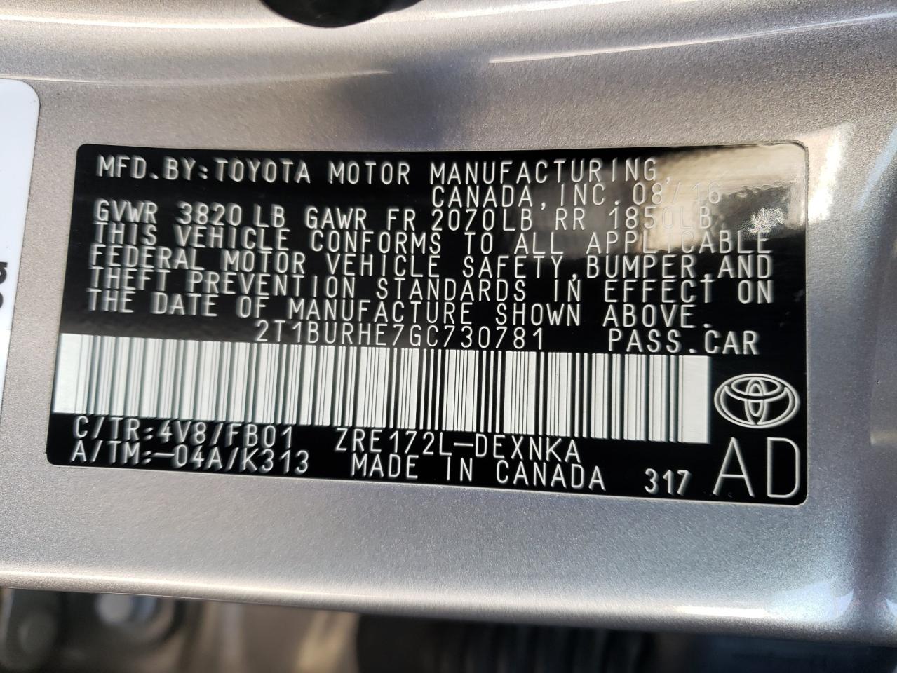 Photo 10 from auction – 2016 TOYOTA COROLLA L with VIN 2T1BURHE7GC730781