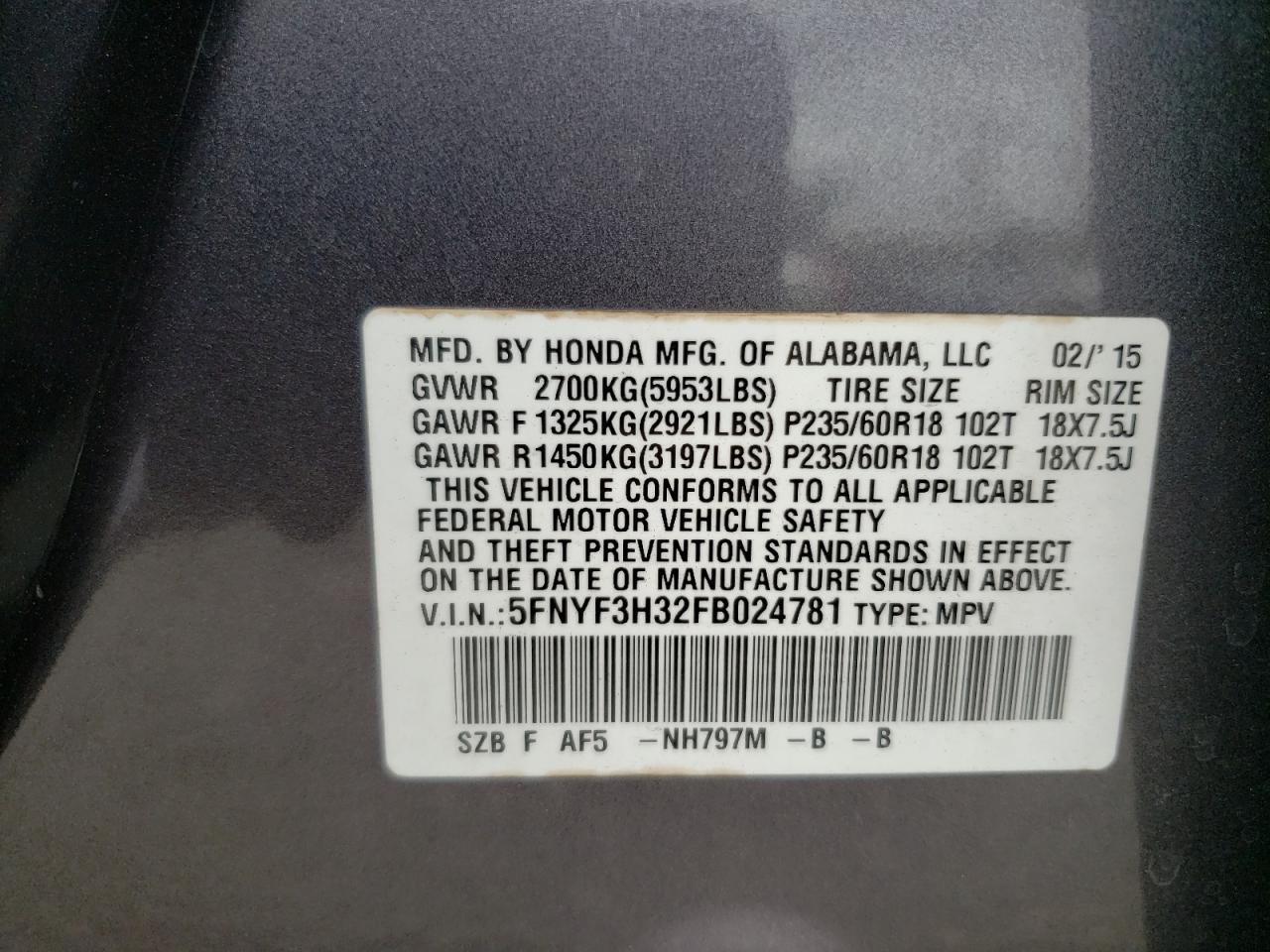 Photo 10 from auction – 2015 HONDA PILOT SE with VIN 5FNYF3H32FB024781