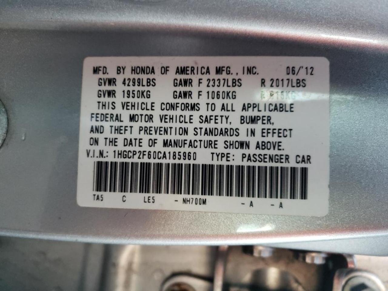 Photo 10 from auction – 2012 HONDA ACCORD SE with VIN 1HGCP2F60CA185960
