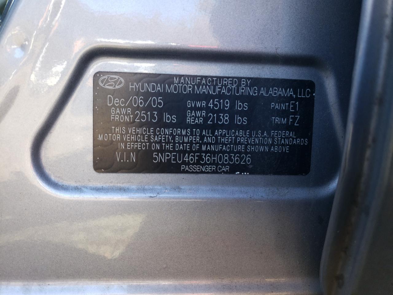Photo 10 from auction – 2006 HYUNDAI SONATA GLS with VIN 5NPEU46F36H083626
