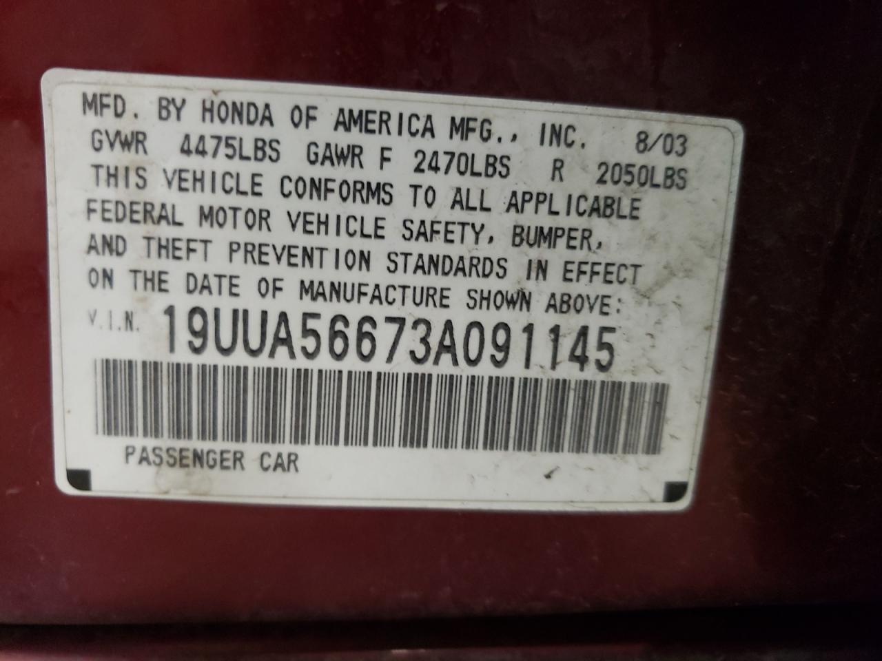 Photo 10 from auction – 2003 ACURA 3.2TL with VIN 19UUA56673A091145