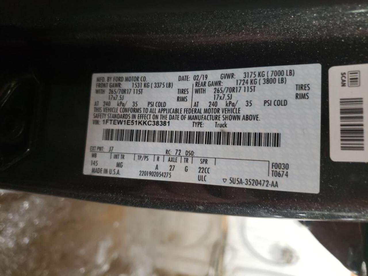 Photo 10 from auction – 2019 FORD F150 SUPER with VIN 1FTEW1E51KKC38381