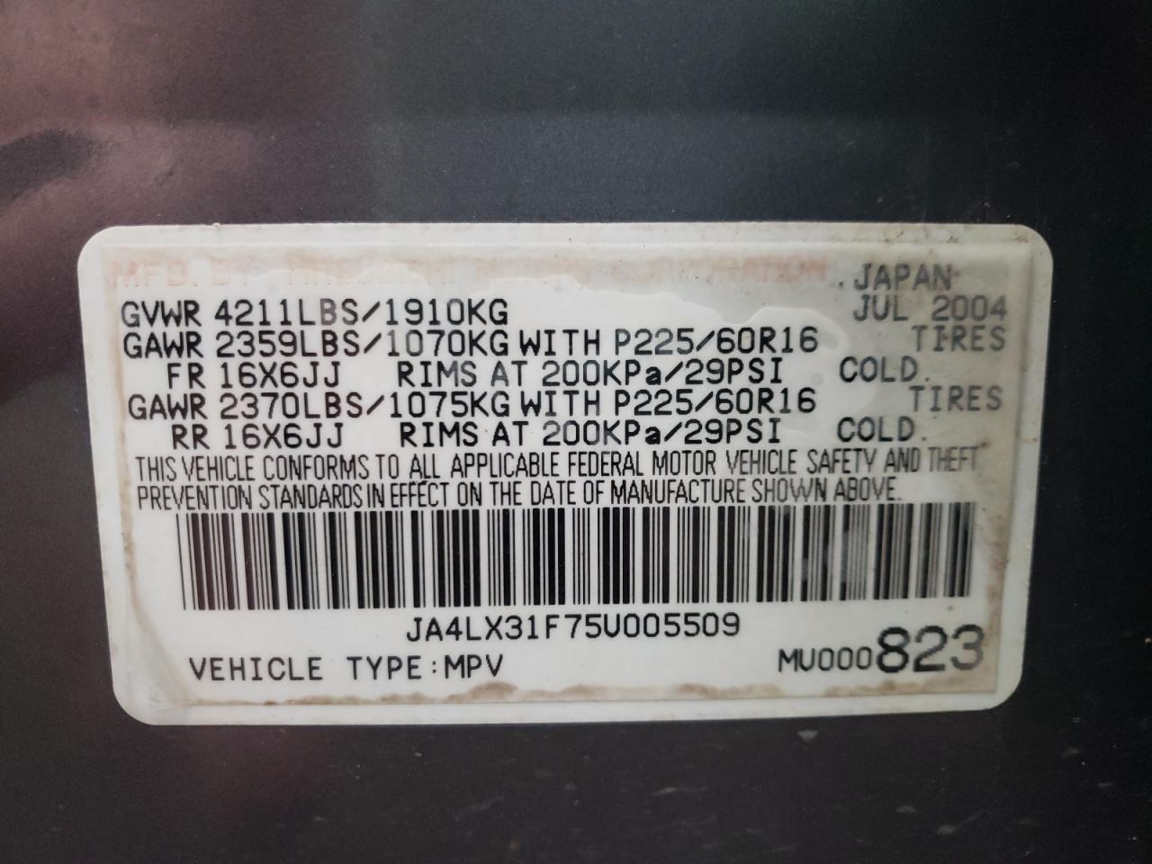Photo 10 from auction – 2005 MITSUBISHI OUTLANDER with VIN JA4LX31F75U005509