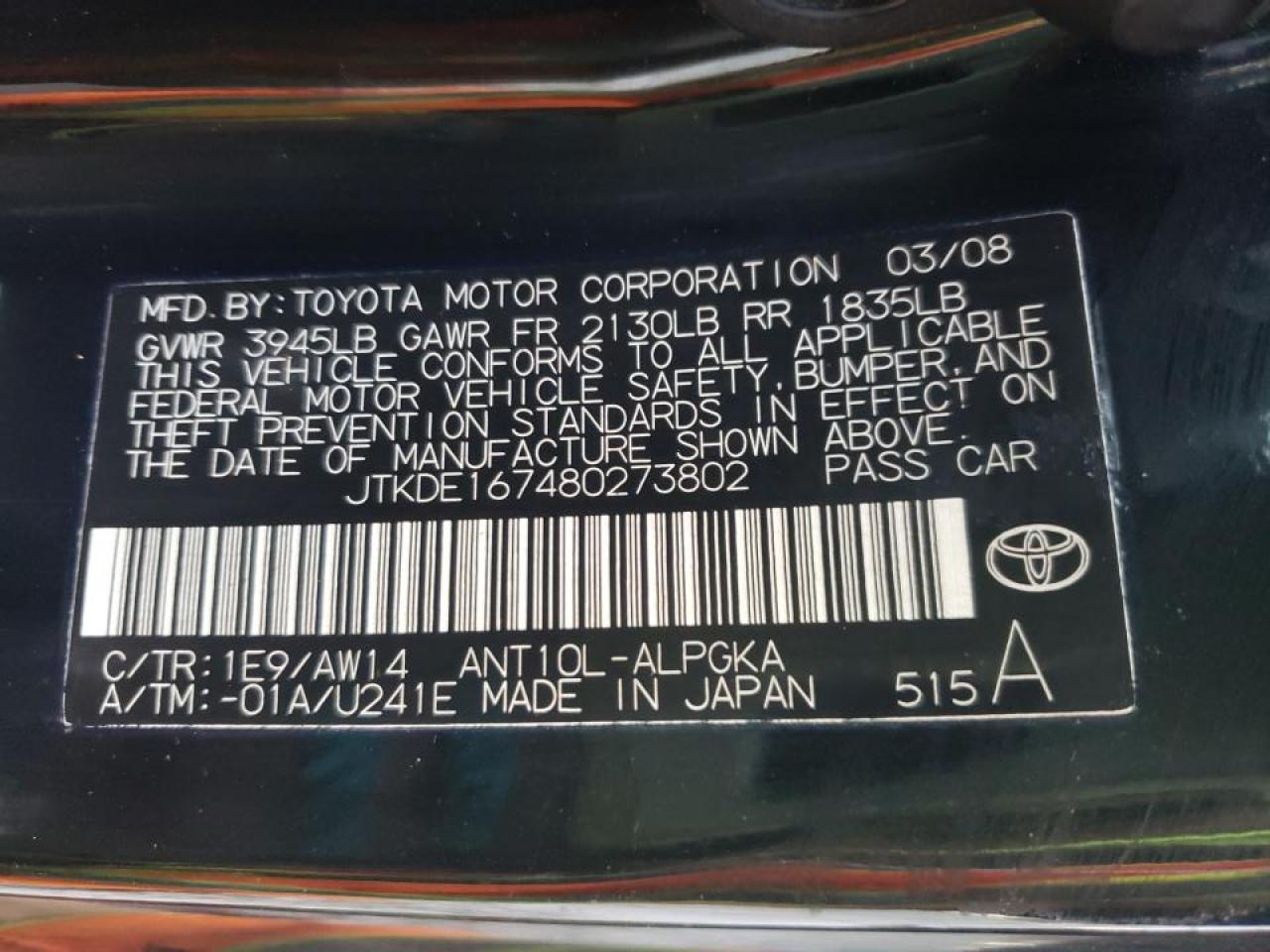 Photo 10 from auction – 2008 SCION TC with VIN JTKDE167480273802