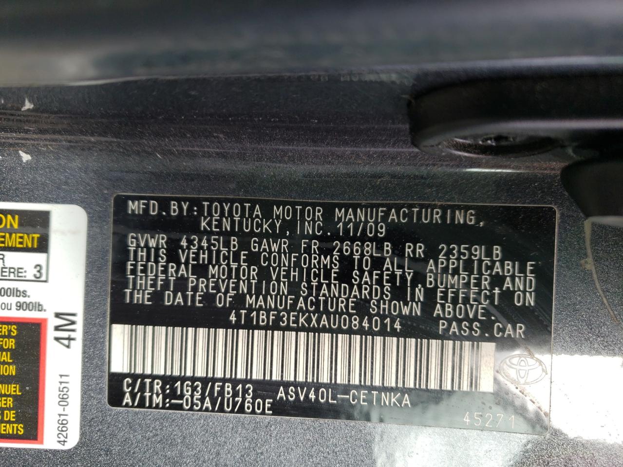 Photo 10 from auction – 2010 TOYOTA CAMRY BASE with VIN 4T1BF3EKXAU084014
