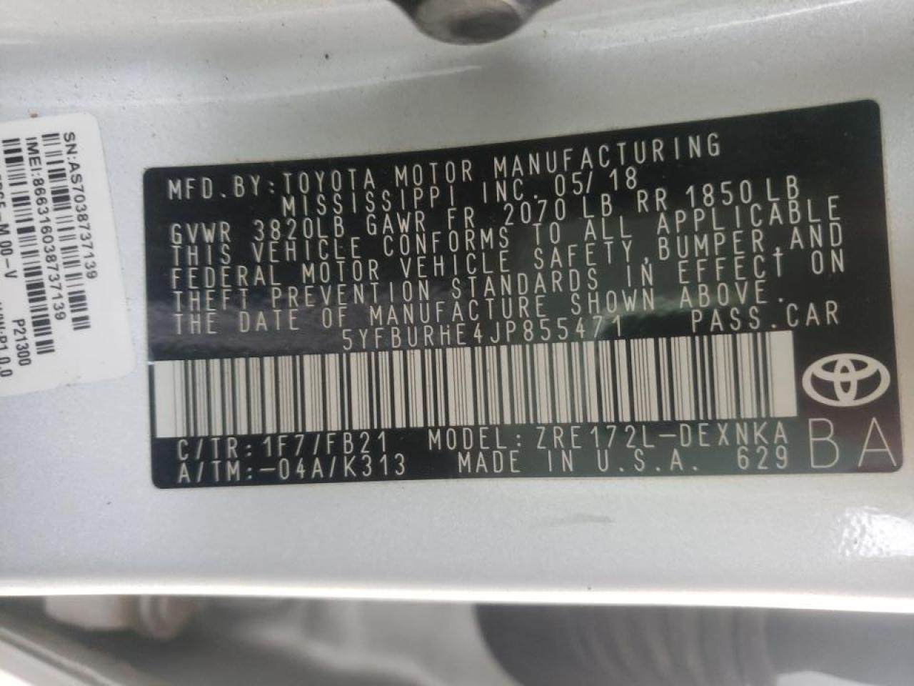 Photo 10 from auction – 2018 TOYOTA COROLLA L with VIN 5YFBURHE4JP855471