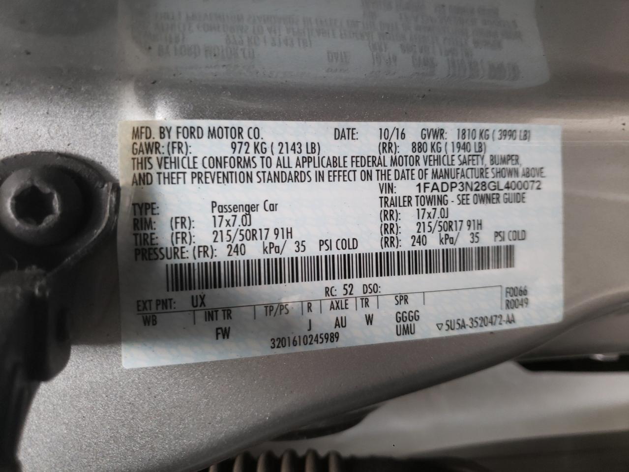 Photo 10 from auction – 2016 FORD FOCUS TITA with VIN 1FADP3N28GL400072