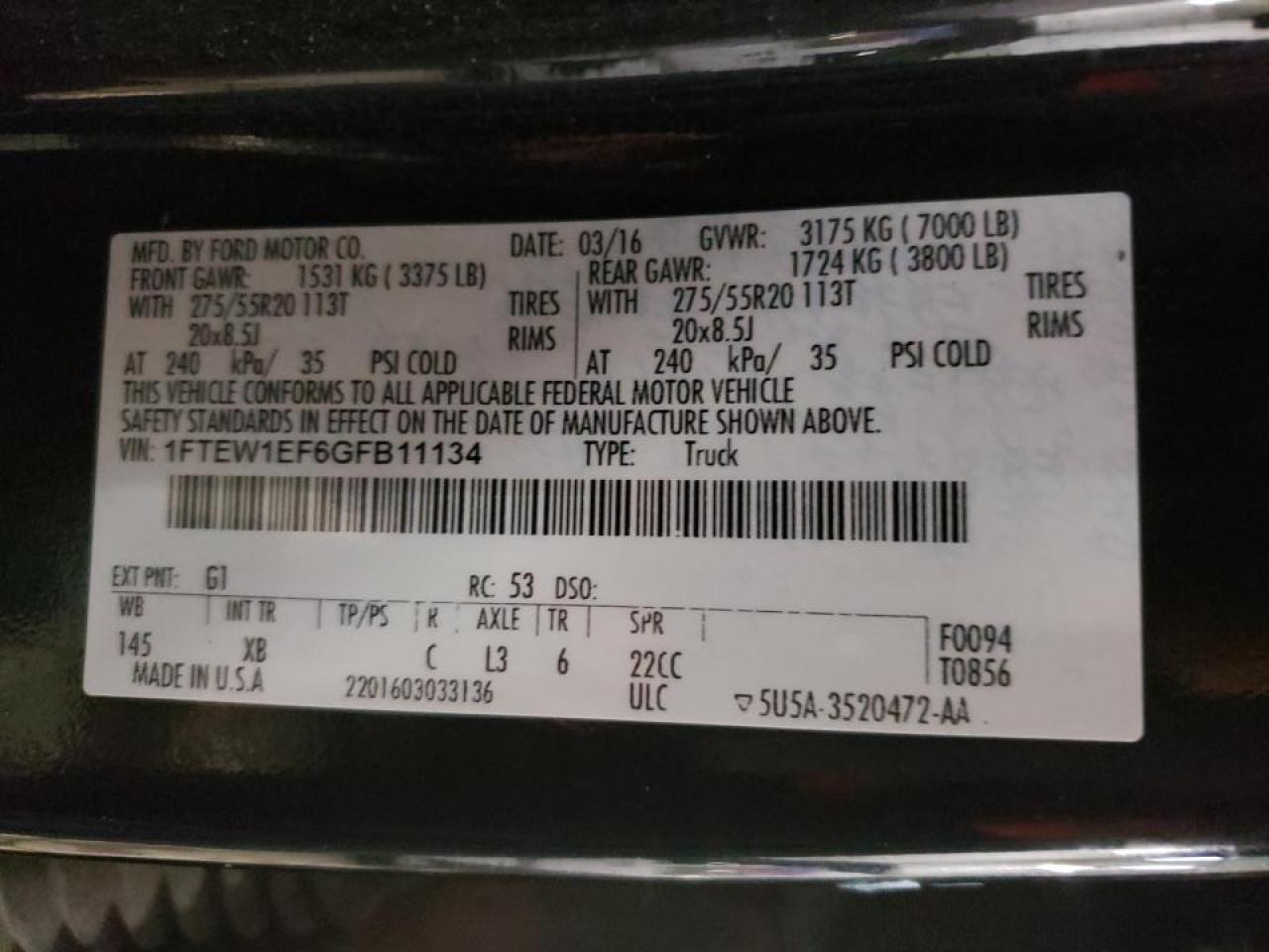 Photo 10 from auction – 2016 FORD F150 SUPER with VIN 1FTEW1EF6GFB11134