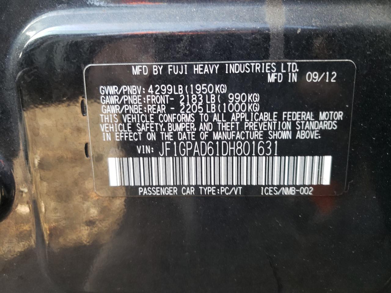 Photo 10 from auction – 2013 SUBARU IMPREZA PR with VIN JF1GPAD61DH801631
