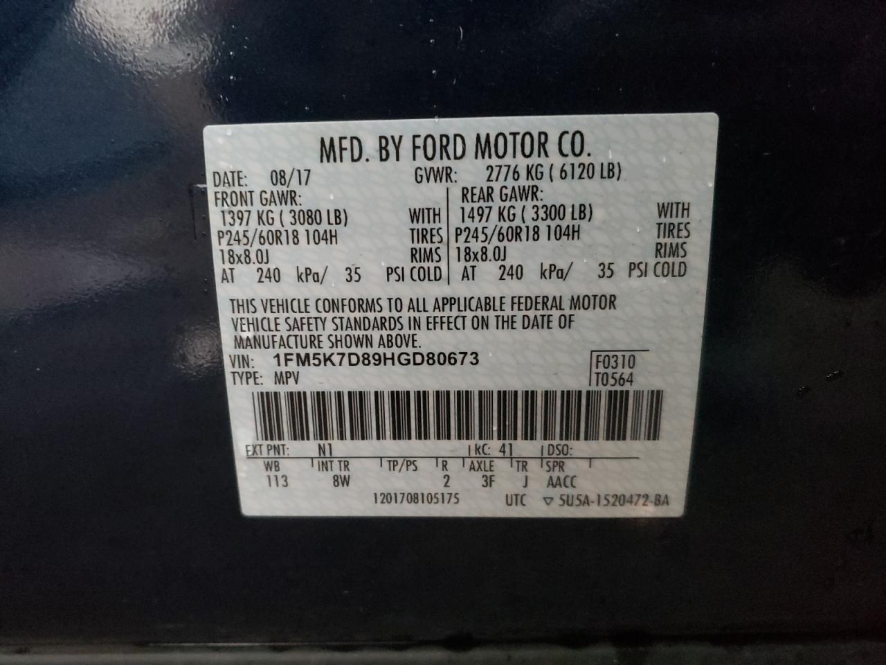 Photo 10 from auction – 2017 FORD EXPLORER X with VIN 1FM5K7D89HGD80673