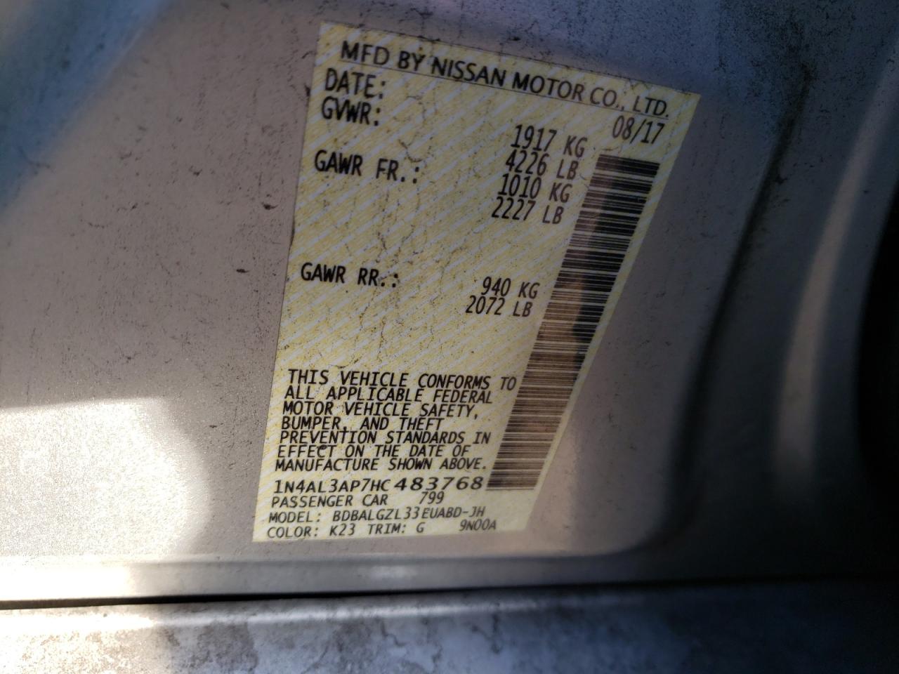 Photo 10 from auction – 2017 NISSAN ALTIMA 2.5 with VIN 1N4AL3AP7HC483768