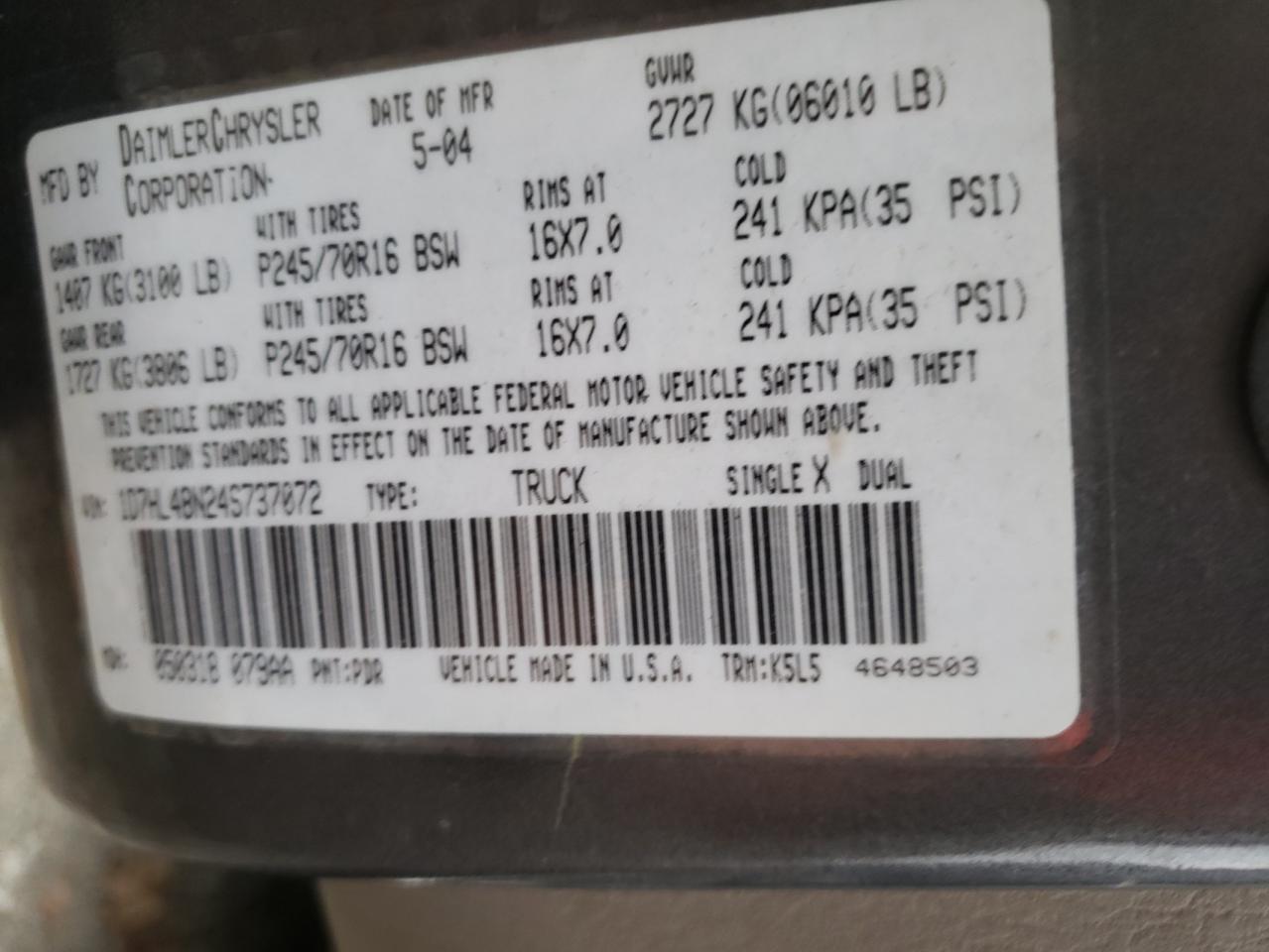 Photo 10 from auction – 2004 DODGE DAKOTA QUA with VIN 1D7HL48N24S737072