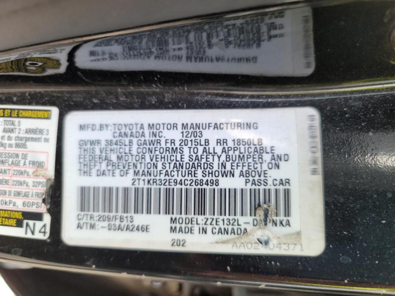 Photo 10 from auction – 2004 TOYOTA COROLLA MA with VIN 2T1KR32E94C268498