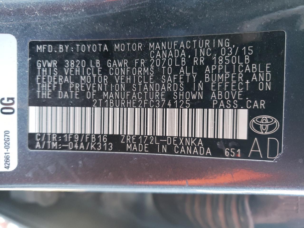 Photo 10 from auction – 2015 TOYOTA COROLLA L with VIN 2T1BURHE2FC374125