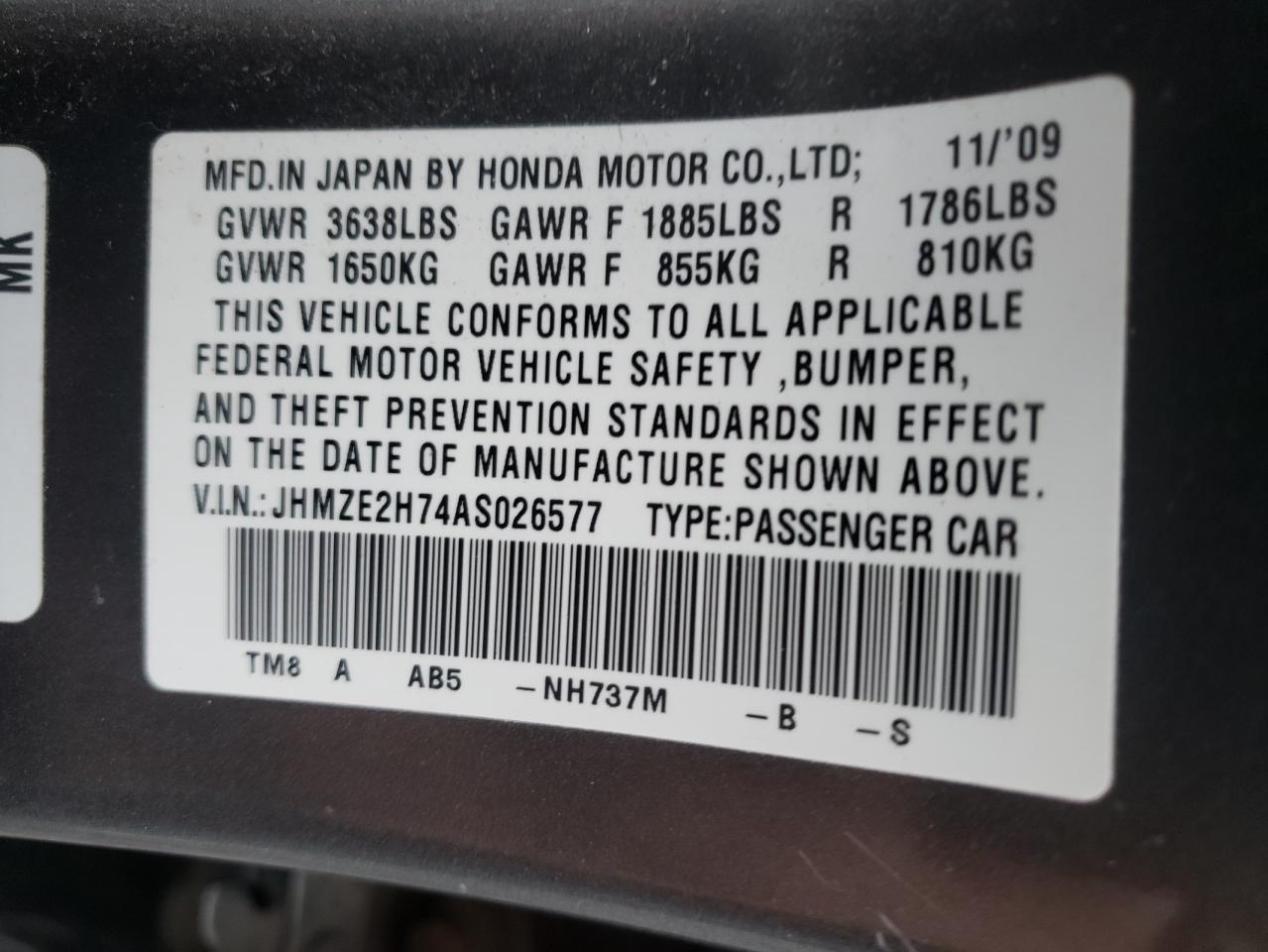 Photo 10 from auction – 2010 HONDA INSIGHT EX with VIN JHMZE2H74AS026577