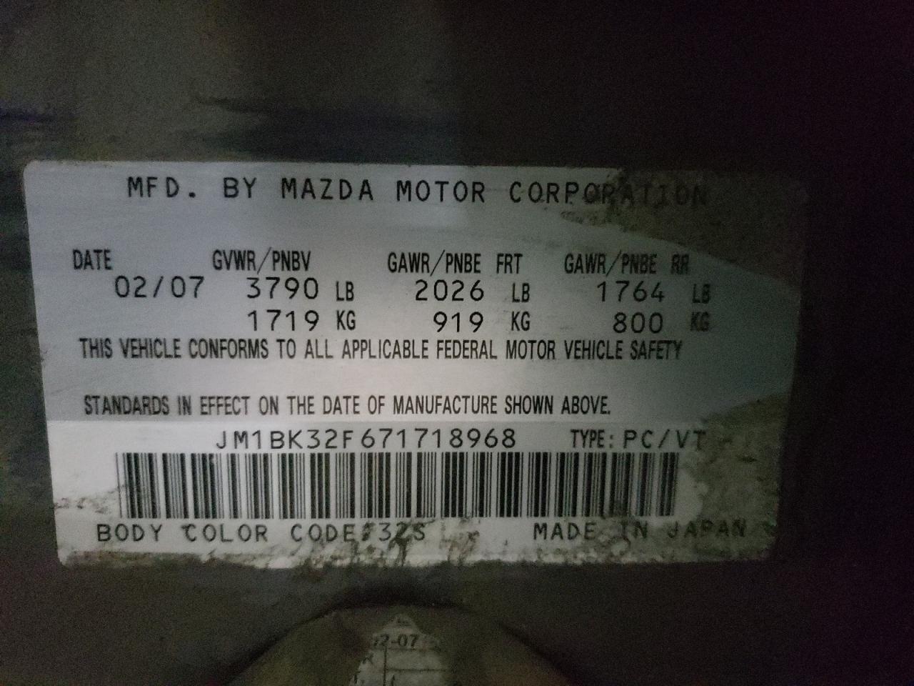 Photo 10 from auction – 2007 MAZDA MAZDA3 with VIN JM1BK32F671718968