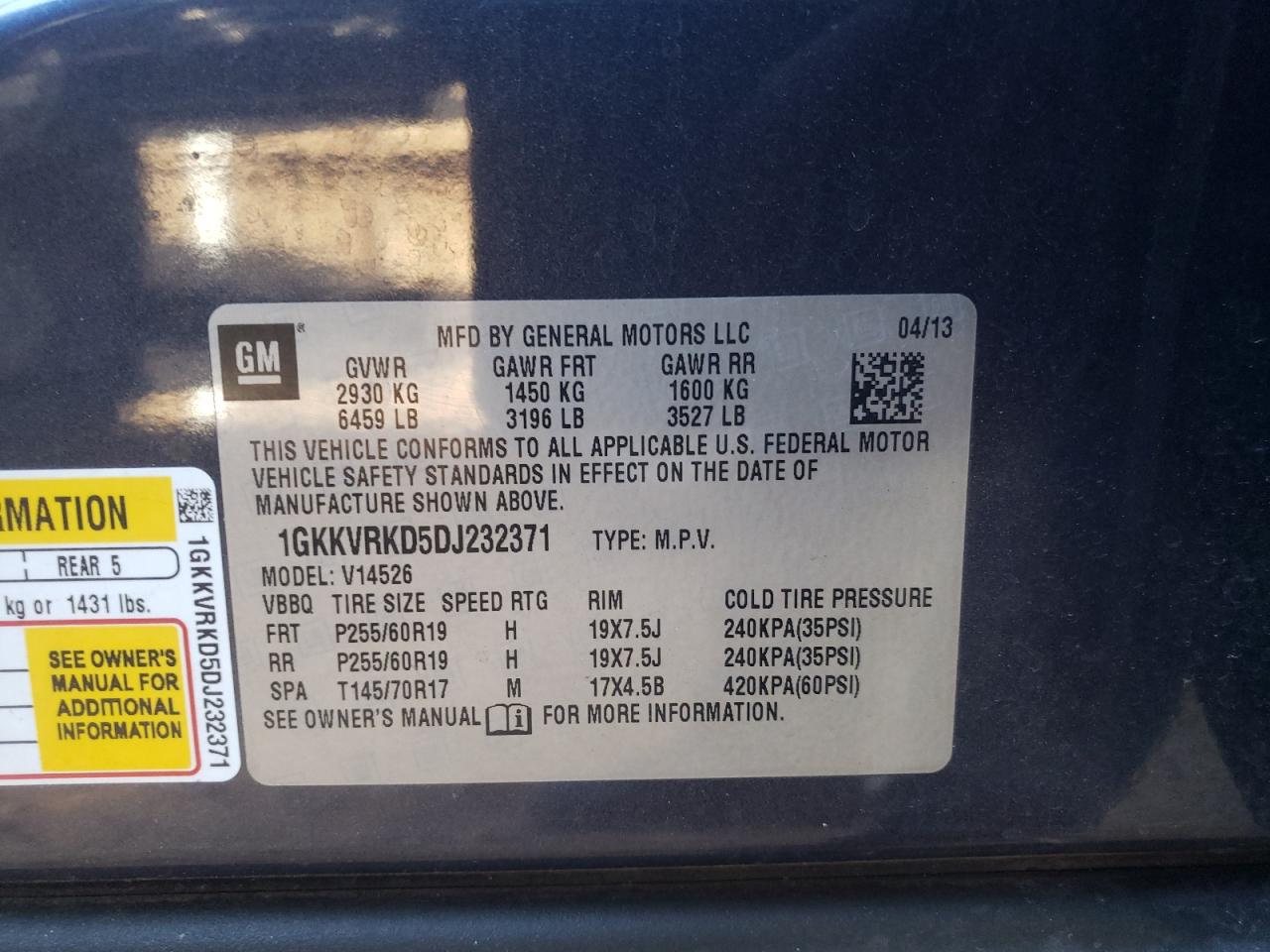 Photo 10 from auction – 2013 GMC ACADIA SLT with VIN 1GKKVRKD5DJ232371