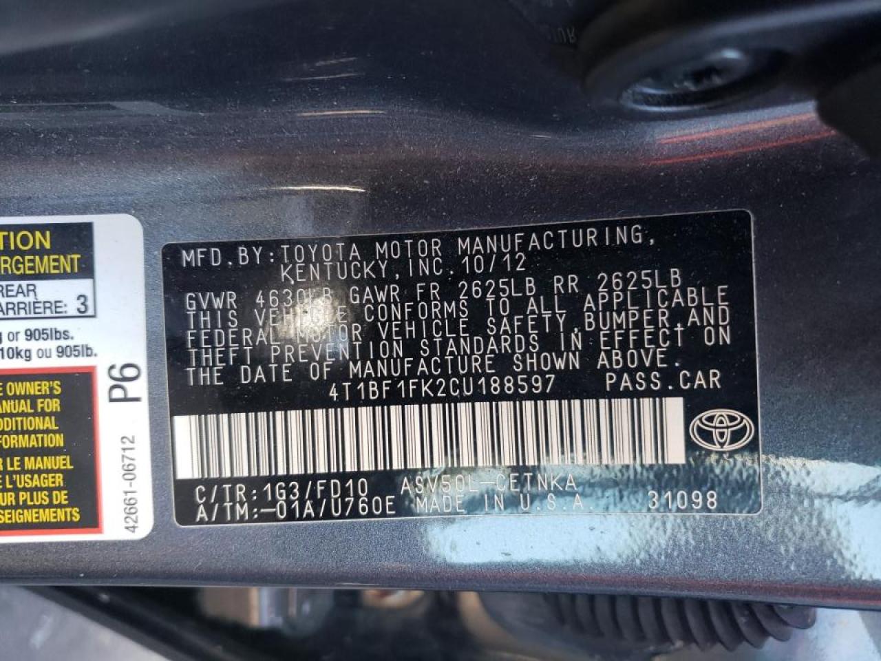 Photo 10 from auction – 2012 TOYOTA CAMRY with VIN 4T1BF1FK2CU188597