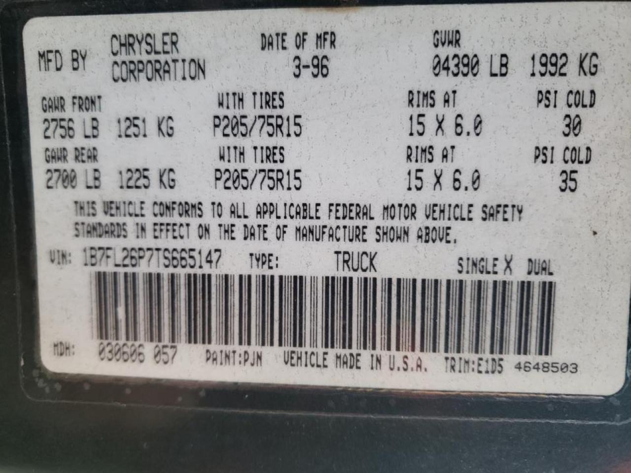 Photo 10 from auction – 1996 DODGE DAKOTA with VIN 1B7FL26P7TS665147